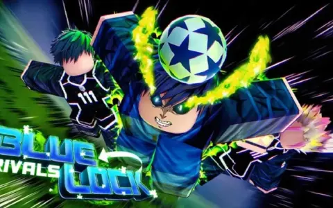 Postacie z gry "Blue Lock Rivals" w akcji, z piłką i zielonymi płomieniami.