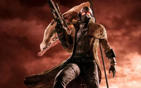Żołnierz w pancerzu i masce z karabinem, za nim sztandar z napisem "NEW CA". Może przydać się do poszukiwania **fallout new vegas kody**.