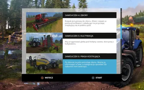 Menu gry fs15: kombajn do zbioru rzepaku, traktor z kultywatorem, prasa do słomy.