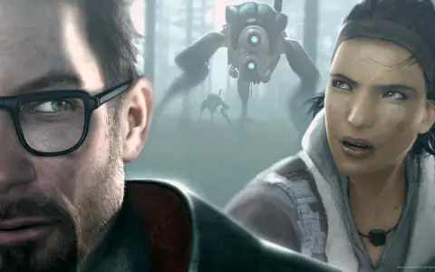 Gordon Freeman i Alyx Vance w lesie, ścigani przez Combine Advisors. Wizja z Half-Life 2: Episode Three.