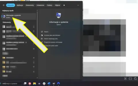 Strzałka wskazuje "Informacje o systemie", gdzie można sprawdzić ustawienia, w tym UEFI Secure Boot.
