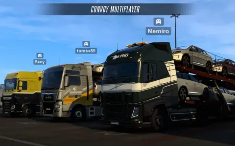 Konwój ciężarówek w grze ETS multiplayer. Beny, tomsa55 i Nemiro przygotowują się do wspólnej jazdy.