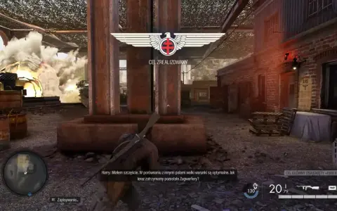 Gracz w Sniper Elite 3 poradnik, cel zrealizowany, eksplozja w tle.