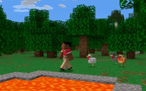 Gracz w Minecraft zbiera patyki, by zrobić smycz. Obok niego idą kury i owca.
