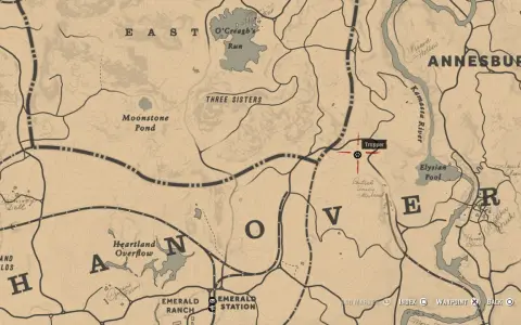 Mapa RDR2 z zaznaczonym traperem na północny zachód od Annesburga, blisko rzeki Kamassa.