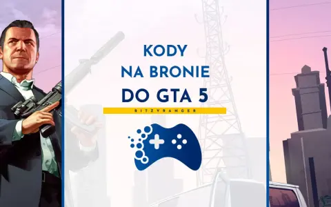 Michael z GTA 5 trzyma broń, a obok napis "Kody na bronie do GTA 5".