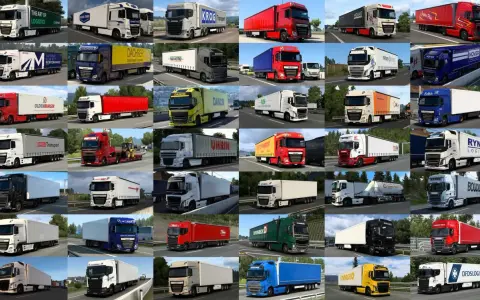Kolekcja ets2 cars: ciężarówki różnych marek i firm transportowych, od białych po czerwone i niebieskie, jadące po drogach.