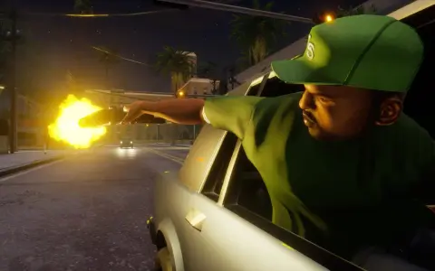 CJ strzela zza okna samochodu, jakby szukał kodu na nieśmiertelność w GTA SA.