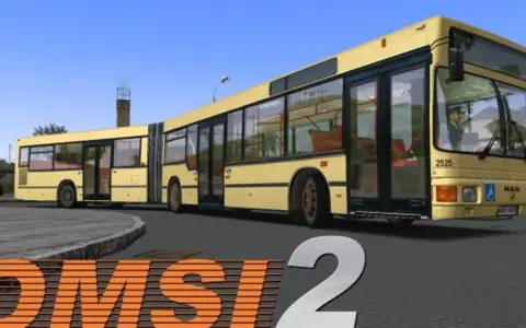 Żółty przegubowy autobus MAN na tle budynków i nieba, z logo OMSI 2.