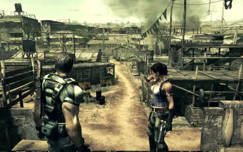 Chris i Sheva w zrujnowanej wiosce, przygotowani do walki w Resident Evil 5 Remake.