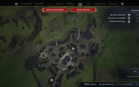 Mapa Hogsmeade z zaznaczonymi skrzyniami skarbów, stronami przewodnika i posążkami demimoza.