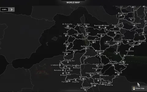 Mapa ETS 2 z zaznaczonymi miastami w Hiszpanii i Portugalii, w tym Madrytem, Barceloną i Lizboną.