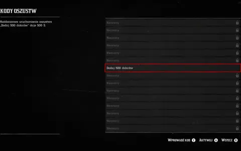 Menu oszustw w RDR2. Wybrana opcja "Dodaj 500 dolarów" daje 500 $.