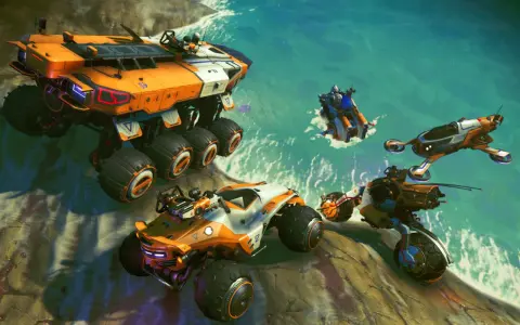 Różnorodne pojazdy z gry No Man's Sky poradnik: wielka ciężarówka, buggy, motocykl i latający pojazd na tle wodnego krajobrazu.