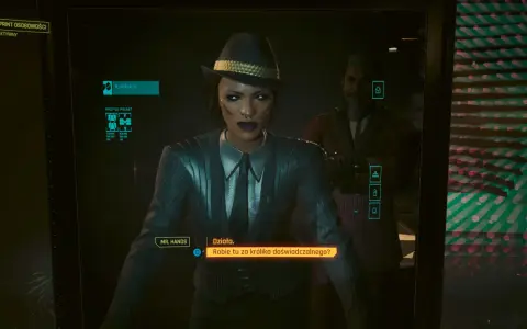 Kobieta w kapeluszu i garniturze, w tle mężczyzna. Interfejs gry, tekst "Robię tu za królika doświadczalnego?". To cyberpunk interregnum.