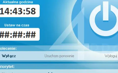 Interfejs programu do automatycznego wyłączania komputera. Aktualna godzina 14:43:58, polecenie "Wyłącz".