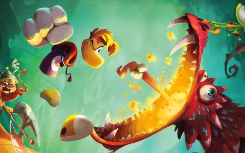 Postacie z Rayman 4 walczą z ogromnym, czerwonym smokiem.