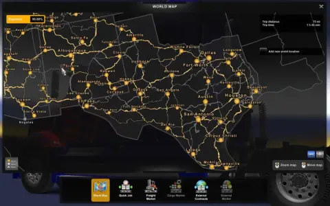Mapa świata w grze ETS2, pokazująca południowo-zachodnie Stany Zjednoczone. Widoczne miasta to m.in. Albuquerque, El Paso, Dallas, Houston. To jest dlc mapowe ets2.