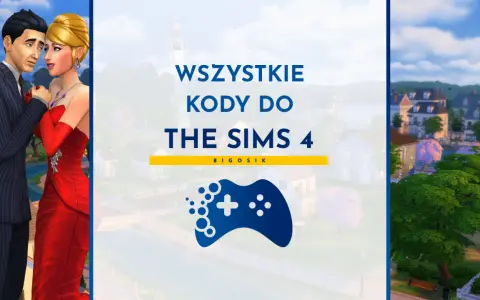 Kody na relacje The Sims 4: para w garniturze i czerwonej sukni, plansza z napisem "Wszystkie kody do The Sims 4" i ikoną pada.