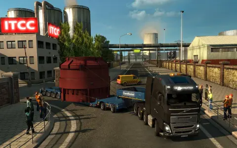 Ciężarówka z naczepą realizuje specjalny transport ets2, przewożąc ogromny czerwony element przemysłowy.