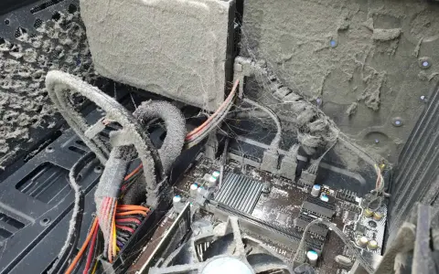 Komputer z systemem Windows 10 wymaga czyszczenia. Wnętrze obudowy jest pokryte grubą warstwą kurzu i pajęczyn.