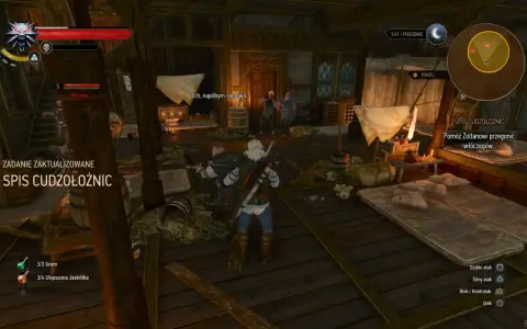 Wiedźmin 3: Spis cudzołożnic. Geralt w tawernie, gdzie zadanie "Spis cudzołożnic" zostało zaktualizowane. Pomóż Zoltanowi przegonić włóczęgów.