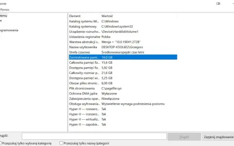 Jak sprawdzić jaki mam RAM? Na zrzucie ekranu widać okno "Informacje o systemie", gdzie pod hasłem "Zainstalowana pamięć" widnieje wartość 16,0 GB.