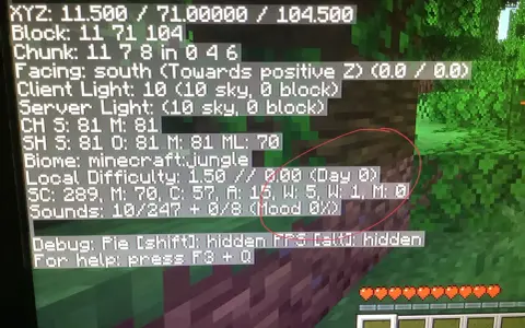 Komenda na dzień w MC. Widać debug menu z informacjami o świecie, współrzędnych, trudności i stanie gracza.