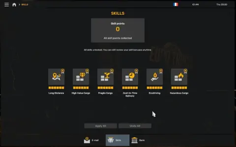 Menu umiejętności w Euro Truck Simulator 2. Poradnik pokazuje dostępne opcje: dalekie trasy, cenne ładunki, delikatne przesyłki, dostawy na czas, ekodriving i niebezpieczne towary.