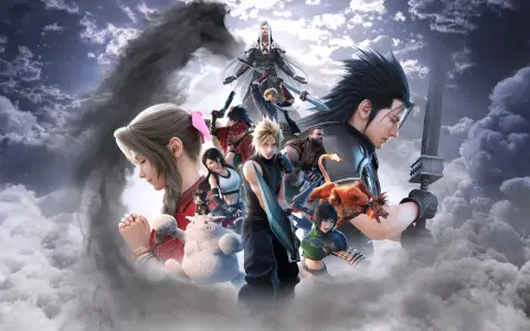 Postacie z Final Fantasy VII od Square Enix w chmurach. Cloud, Tifa, Aerith, Zack i Sephiroth w epickiej kompozycji.