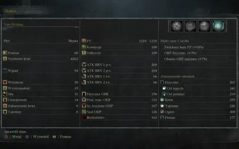 Status Vun Hylsing, poziom 60. To jest bloodborne poradnik, który pokazuje statystyki postaci, obrażenia i obrony.