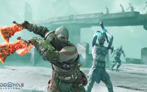 Kratos z płonącymi toporami walczy z lodowymi wrogami. Ile godzin zajmie ukończenie tej epickiej przygody w God of War Ragnarök?