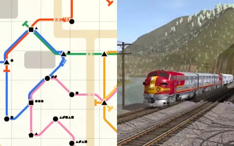 Mapa linii kolejowych i czerwony pociąg w górskim krajobrazie. Symulator spedytora.