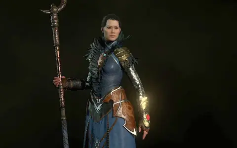 Czarodziejka z Diablo 4 w niebieskiej szacie i z kosturem, gotowa do walki. Idealny diablo 4 czarodziej build.