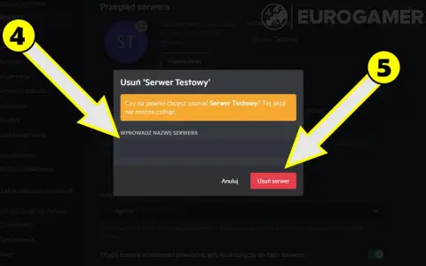 Jak usunąć serwer na DC? Kliknij "Usuń serwer", wpisz nazwę serwera, aby potwierdzić.
