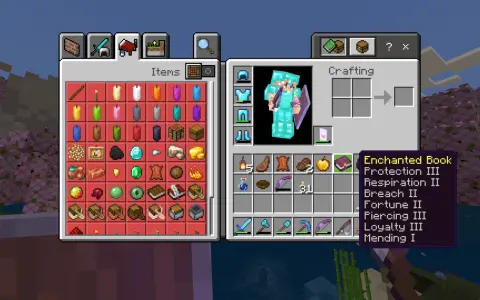 Gracz w Minecraft pokazuje, jak zrobić książkę z zaklęciami, prezentując wiele zaklęć, takich jak Ochrona III i Szczęście II.
