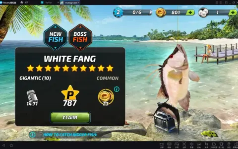 W grze Fishing Clash złowiono rybę White Fang. Gracz zdobył 787 punktów i 23 monety.