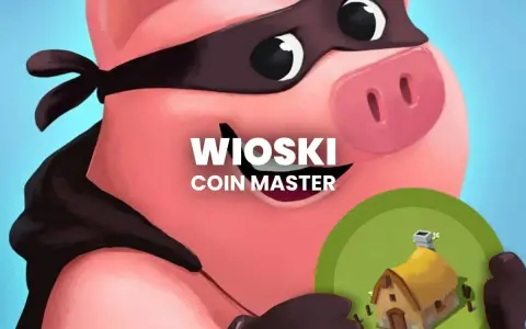 Świnia w masce złodzieja trzyma domek z gry Coin Master. Poznaj ceny wiosek Coin Master i buduj swoje imperium!