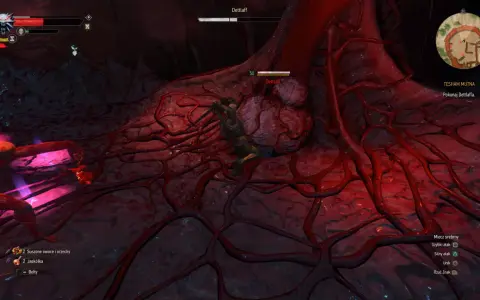 Geralt walczy z Dettlaffem w groteskowym, pulsującym wnętrzu. Jak pokonać Dettlaffa? Trzeba uważać na jego ataki i wykorzystać słabości.