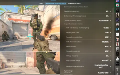 Ustawienia grafiki gry: opcje uruchamiania Steam, zaawansowane ustawienia obrazu, jakość cieni, tekstur i detali.