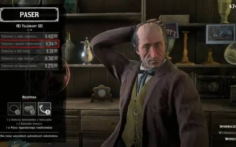 Paser w RDR2 oferuje talizman z pazura niedźwiedzia za 34,75$. Obok stoi mężczyzna w brązowej marynarce.