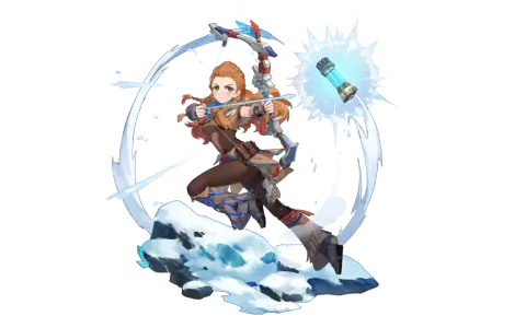 Aloy z Genshin Impact w akcji, naciąga łuk, gotowa do strzału. Wokół niej wiruje lodowy żywioł.