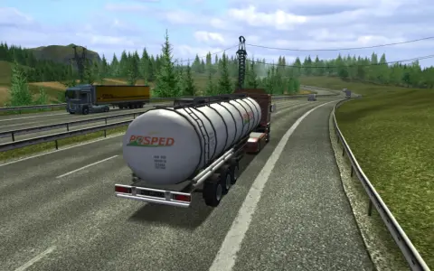 Ciężarówka z cysterną "POSPED" na drodze w grze Euro Truck Simulator 1.