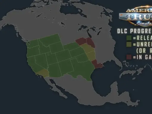 Mapa DLC American Truck Simulator. Zielone stany wydane, żółte nie wydane/przerabiane, czerwone w plikach gry.