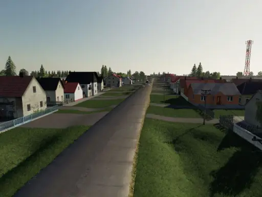 Droga przez wieś z domkami i wieżą telekomunikacyjną. Idealna sceneria dla fs 19 mapy.