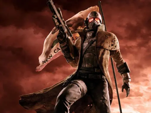 Żołnierz w pancerzu i masce z karabinem, za nim sztandar z napisem "NEW CA". Może przydać się do poszukiwania **fallout new vegas kody**.