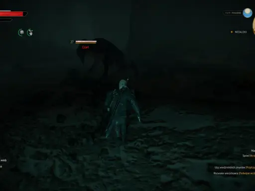 Geralt z Rivii walczy z Czartem, celując w niego mieczem Berengara.