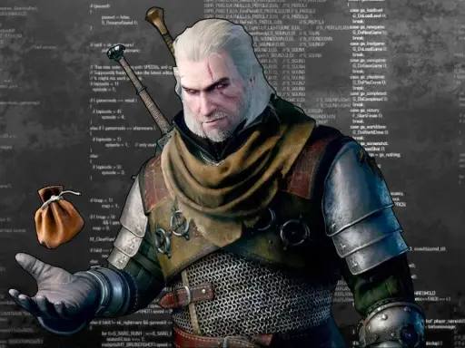 Geralt z Rivii, otoczony kodem, szuka **kodów do HoI4**.