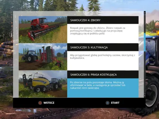 Menu gry fs15: kombajn do zbioru rzepaku, traktor z kultywatorem, prasa do słomy.