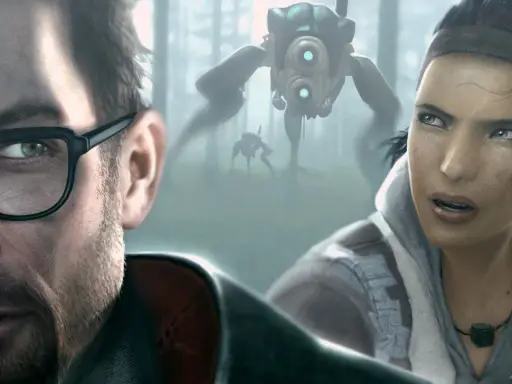 Gordon Freeman i Alyx Vance w lesie, ścigani przez Combine Advisors. Wizja z Half-Life 2: Episode Three.